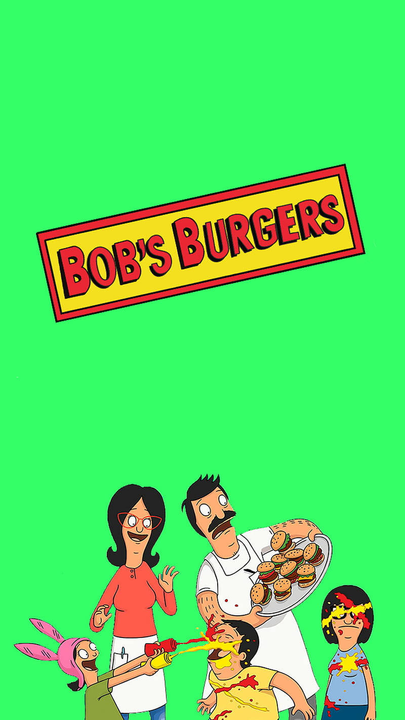 Family 桌布 壁紙 — 卡通家庭Bob's Burgers角色在明亮的綠色背景前快樂地拿著漢堡擺姿勢。