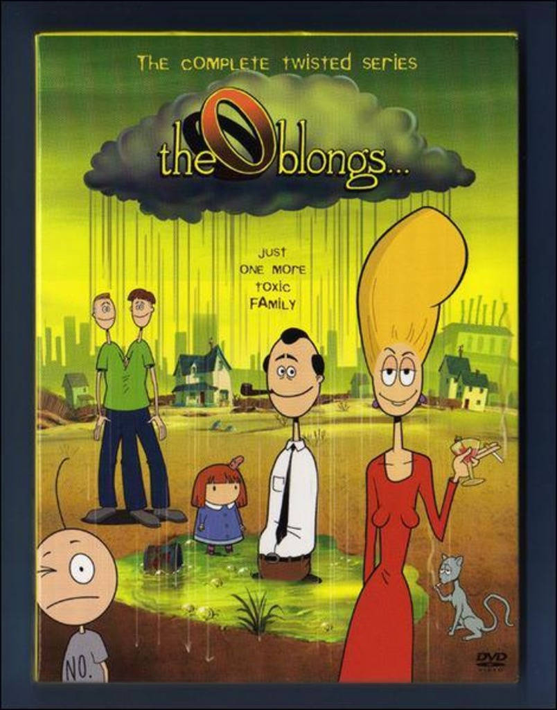 動漫角色 桌布 壁紙 — 卡通家庭在烏雲下，文字寫著「The Oblongs」和「Just One More Toxic Family」，背景為黃綠色。