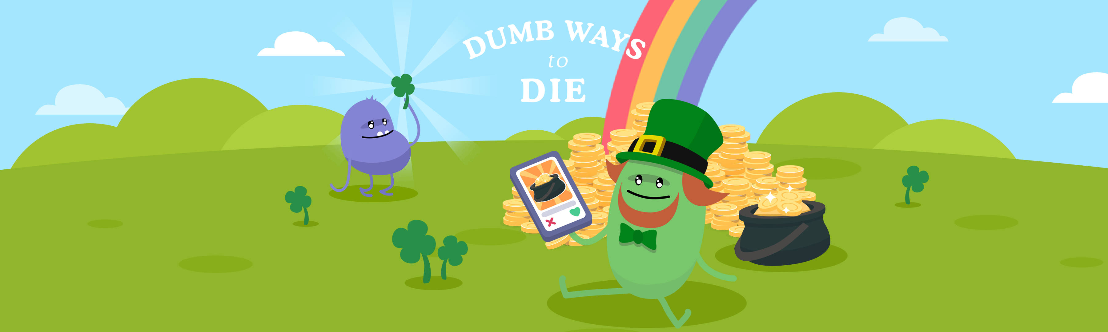 dumb 桌布 壁紙 — 卡通小妖精在綠色田野中彩虹下的金鍋旁邊拿著電話，旁邊有一個紫色斑點角色。