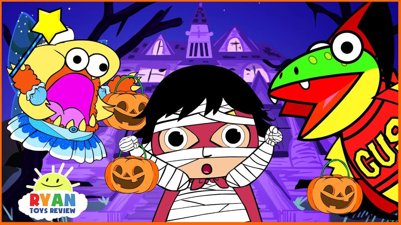YouTube Banner 桌布 壁紙 — 卡通小孩穿著萬聖節服裝，在詭異的紫色鬼屋背景下拿著傑克南瓜燈。