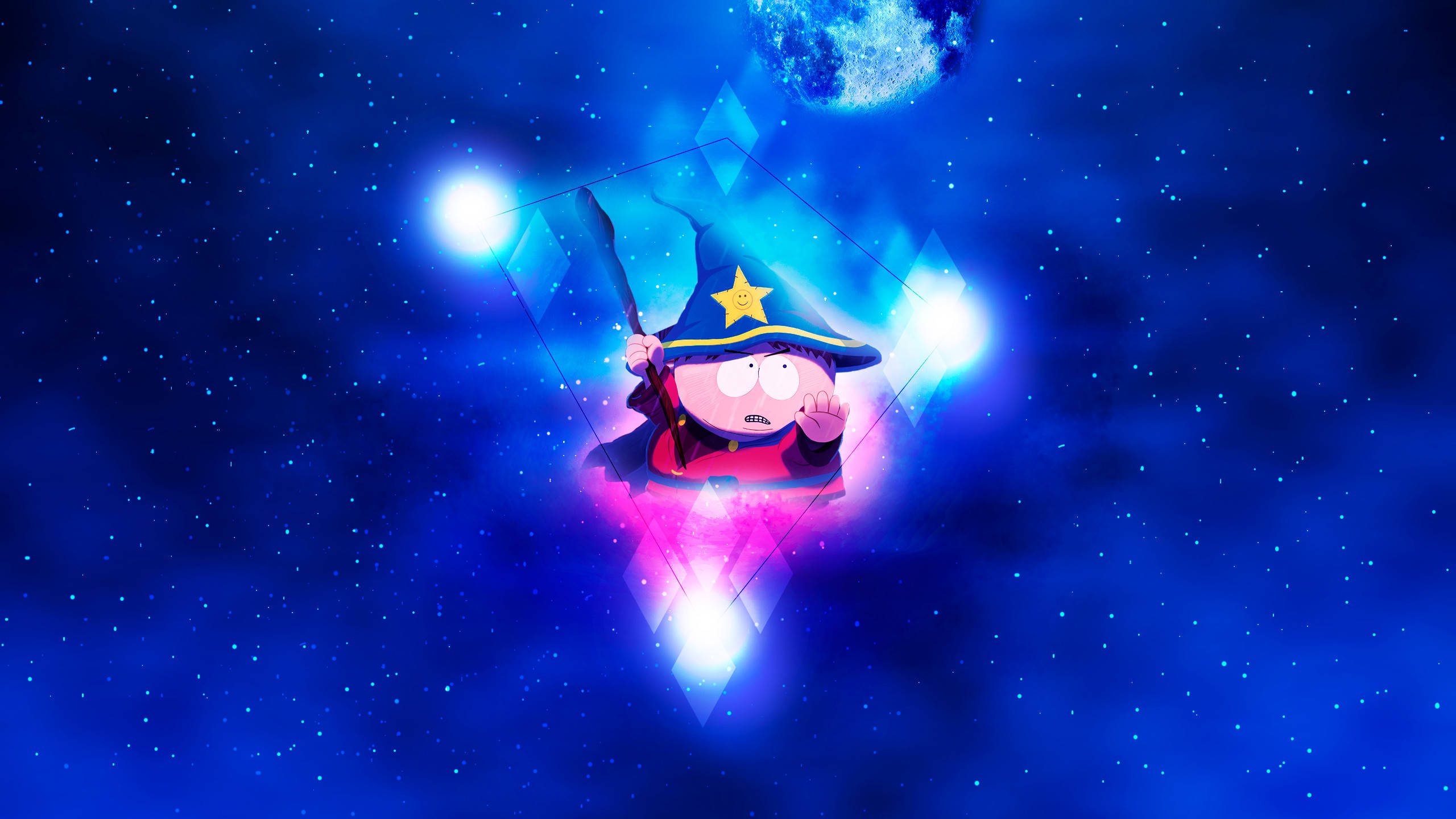 Cartman 桌布 壁紙 — 卡通巫師在繁星點點的藍色天空中，周圍環繞著發光的魔法光芒和滿月。