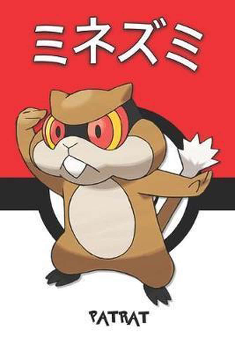 Pokemon Aesthetic 桌布 壁紙 — 卡通帕特雷特寶可夢在紅白黑背景上展示肌肉，並帶有日文字。