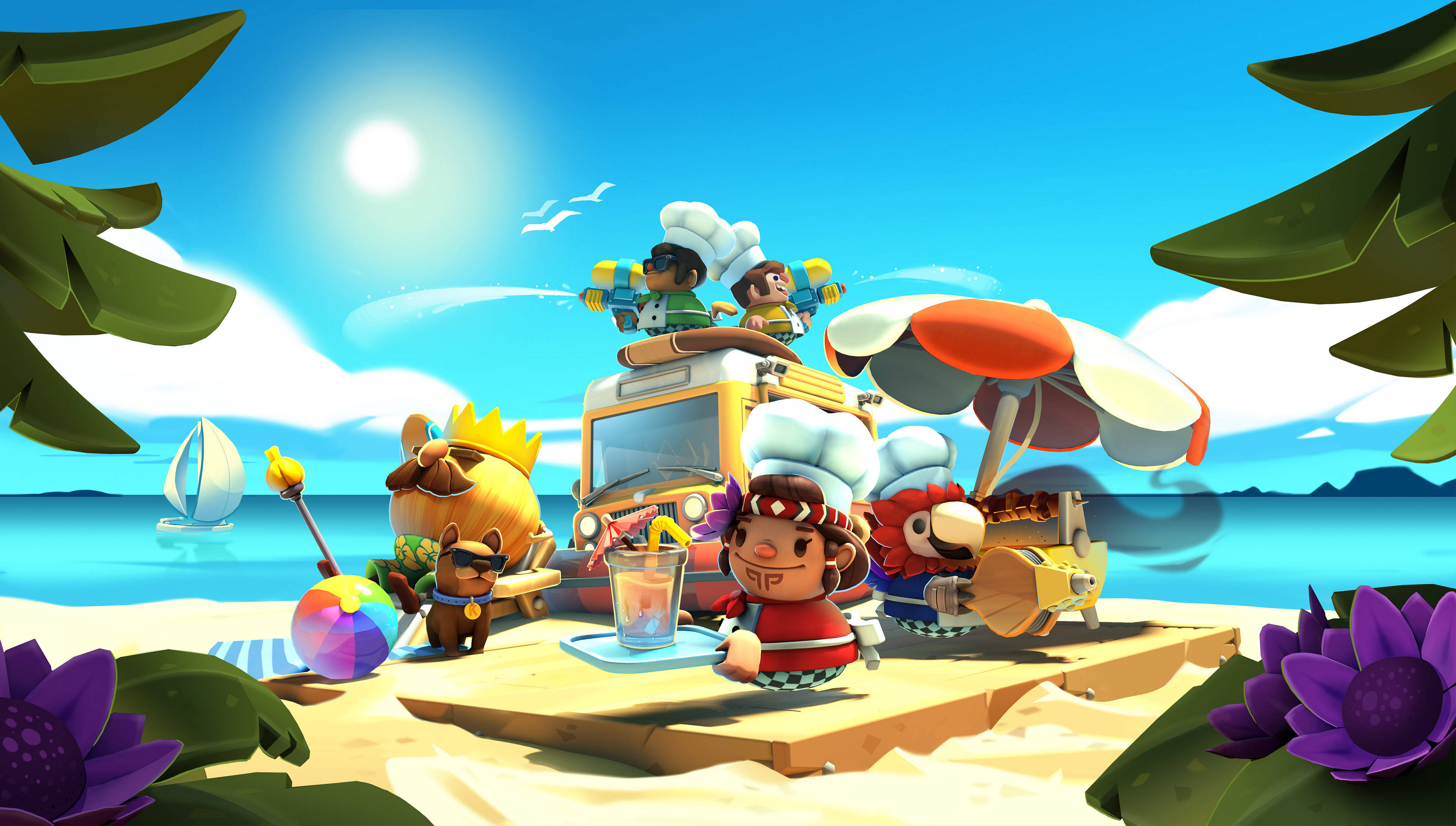 Overcooked 桌布 壁紙 — 卡通廚師和動物們在陽光明媚的海灘上開派對，背景有美食車和帆船。