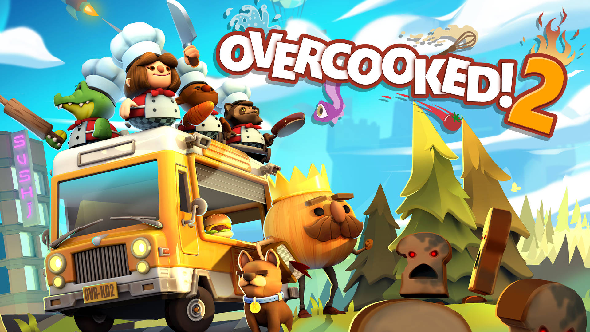 Overcooked 桌布 壁紙 — 卡通廚師和食物怪物在充滿活力的遊戲場景中追逐混亂，背景是黃色食物車和森林。