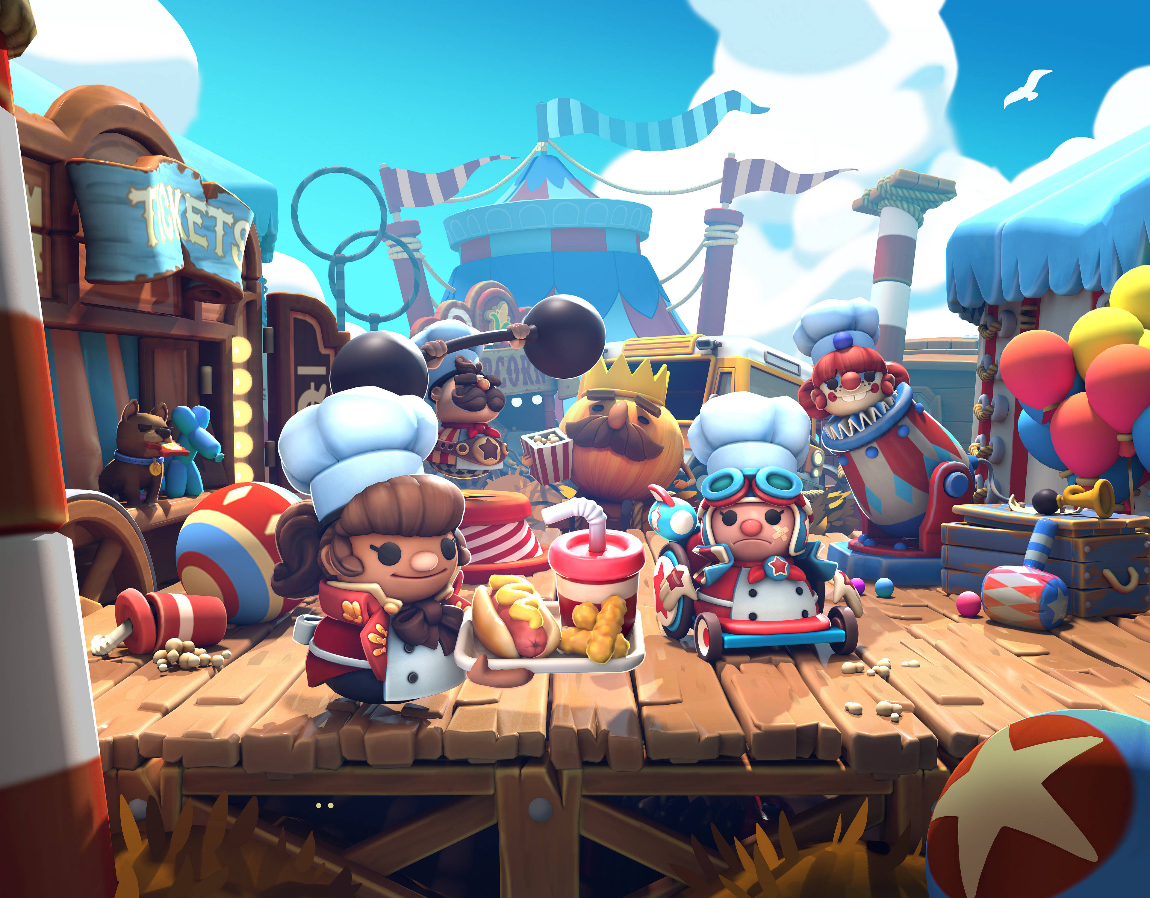 Overcooked 桌布 壁紙 — 卡通廚師在晴朗藍天下，於充滿活力的馬戲團主題嘉年華中供應熱狗。