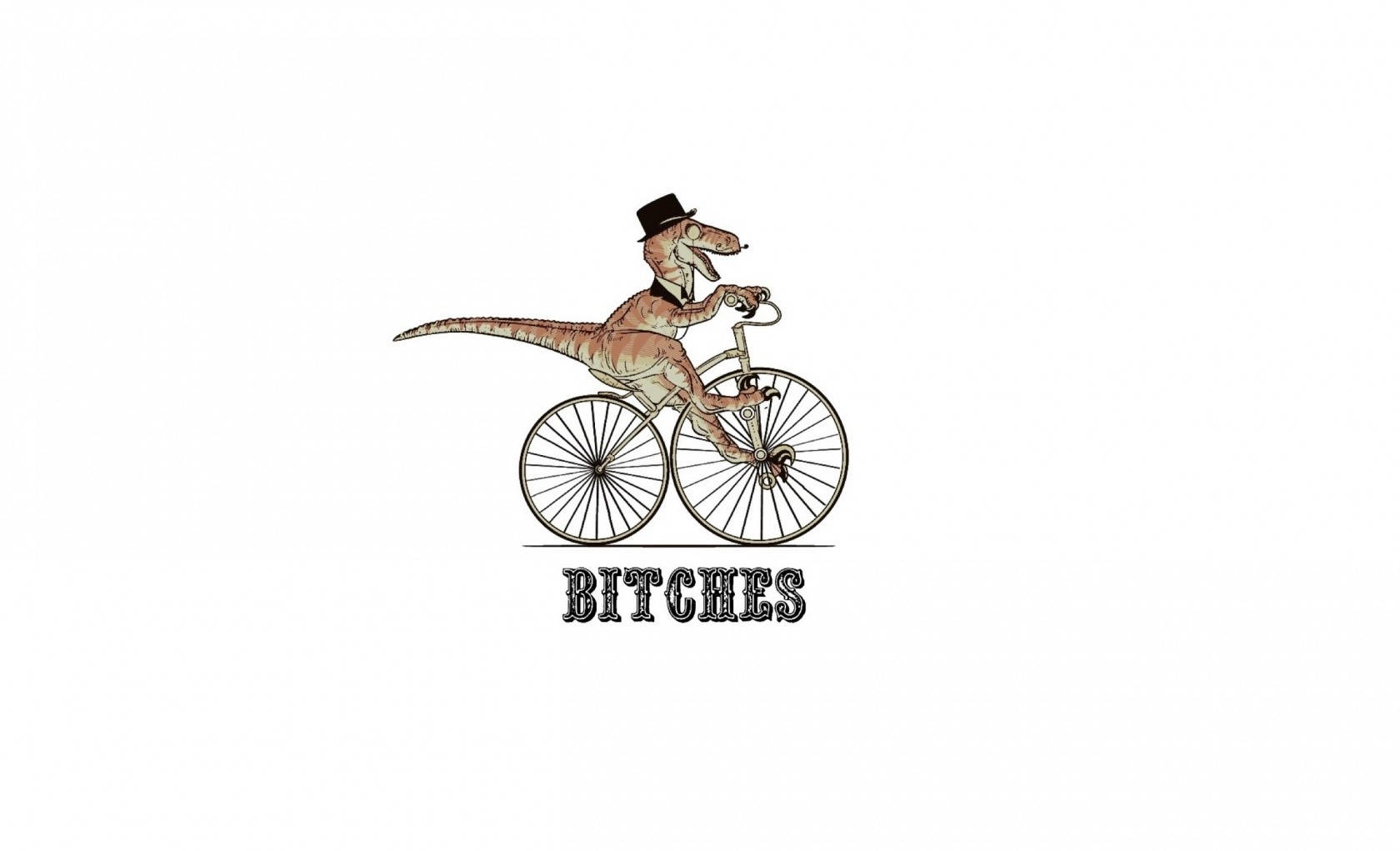 Funny Dinosaur 桌布 壁紙 — 卡通恐龍戴著高帽騎著復古腳踏車，下方有「BITCHES」字樣。