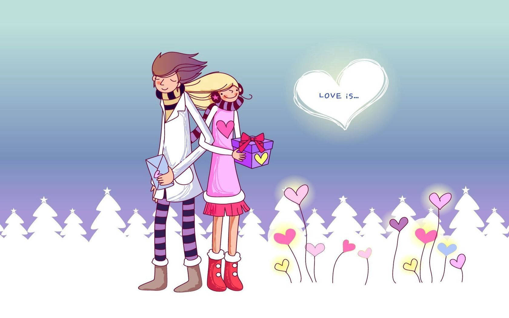 Feels 桌布 壁紙 — 卡通情侶在雪地中擁抱，周圍有心形花朵和發光的愛心，上方寫著「LOVE IS...」