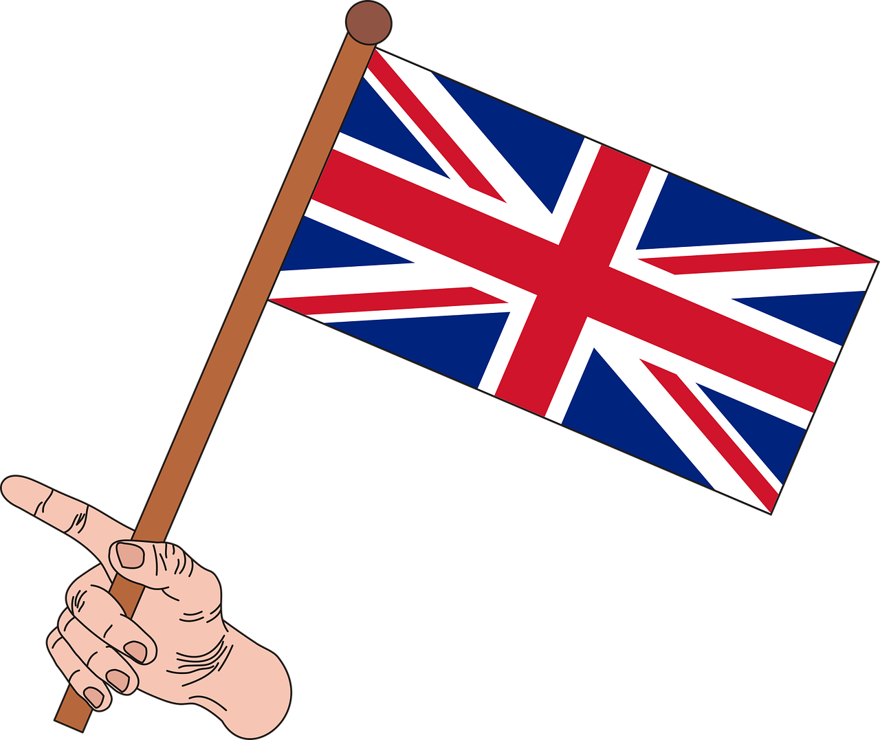 英格蘭 桌布 壁紙 — 卡通手抓著一根木桿，上面掛著英國國旗，背景是 stark 黑色。
