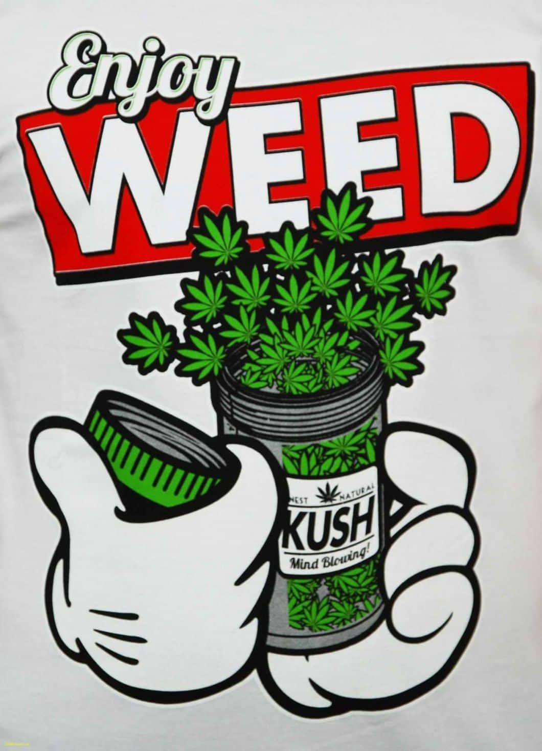 桌布 壁紙 — 卡通手拿著一個罐子，裡面裝滿了綠色大麻葉，下方有粗體紅白相間的「Enjoy WEED」文字。