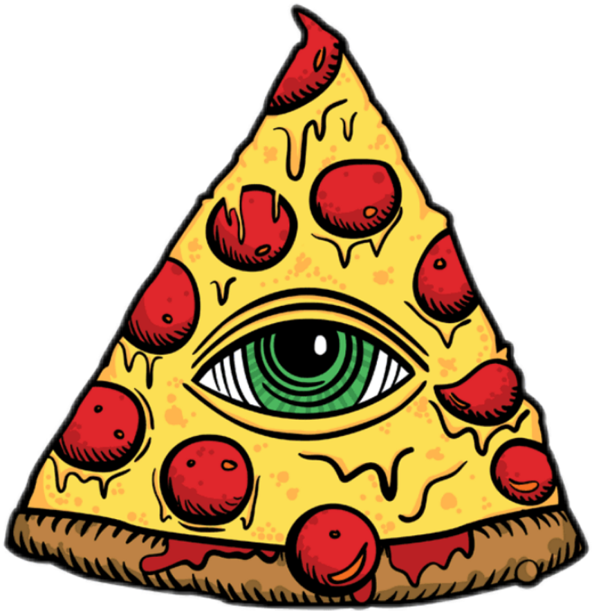 illuminati 桌布 壁紙 — 卡通披薩片，中心有一個綠色全視之眼，周圍環繞著義大利辣香腸。