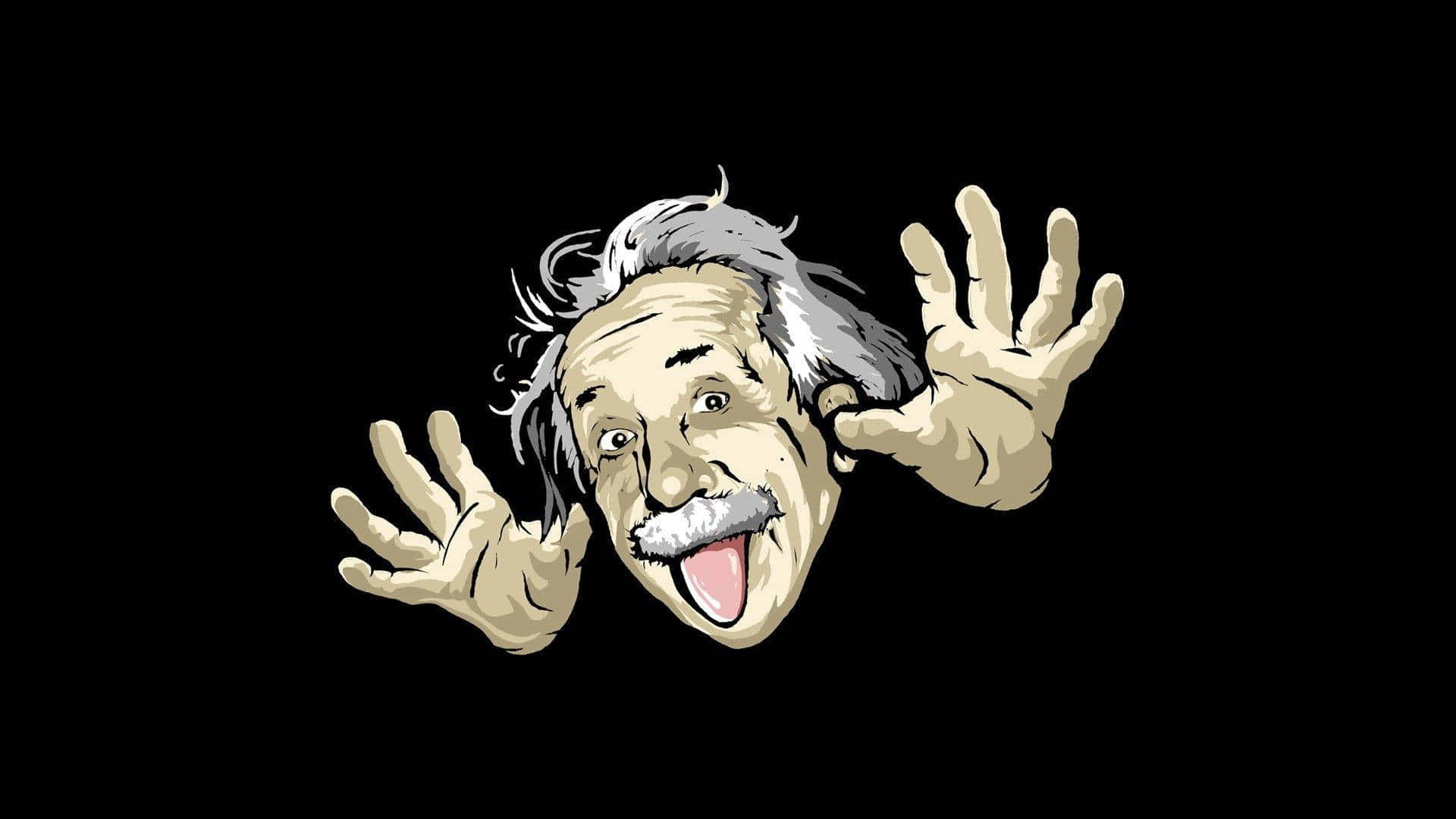 搞笑 桌布 壁紙 — 卡通插圖，愛因斯坦頭髮凌亂，伸出舌頭，雙手舉起，背景為黑色。