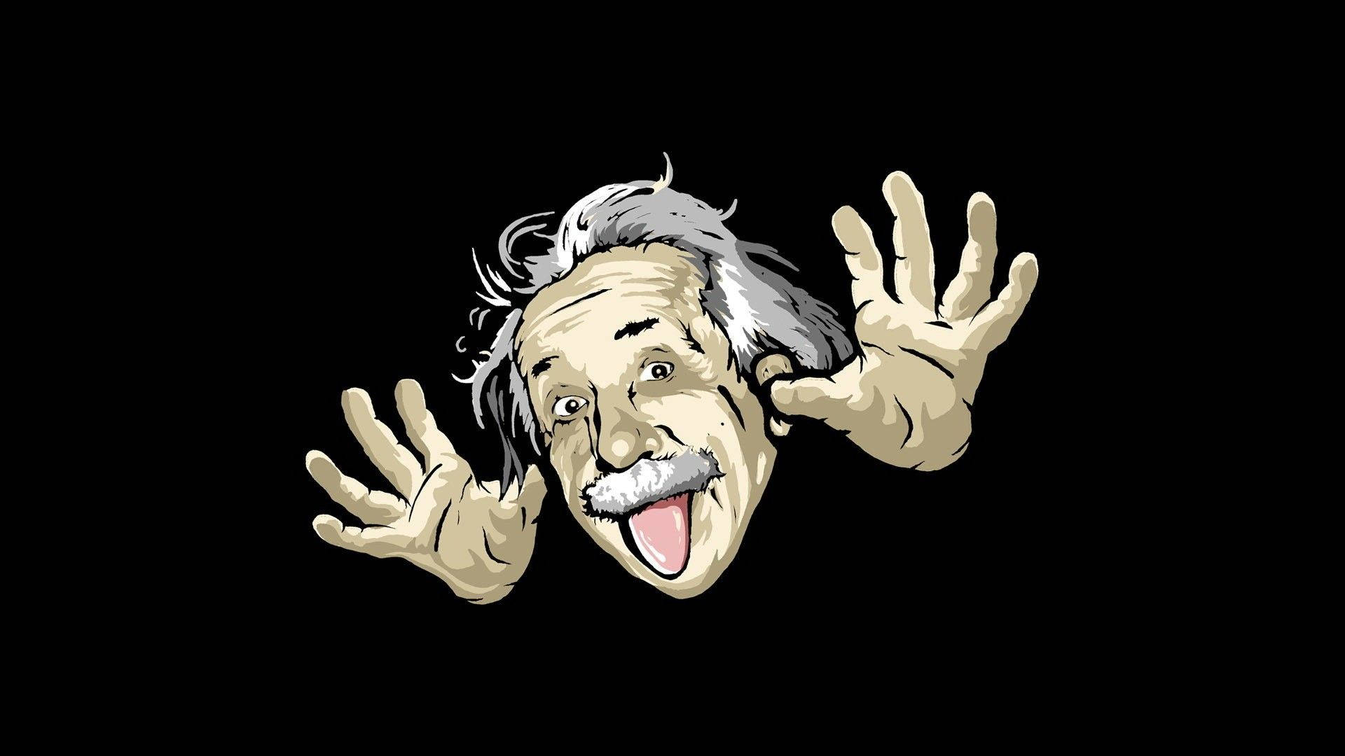 搞笑 桌布 壁紙 — 卡通插圖，描繪阿爾伯特·愛因斯坦頭髮蓬亂、伸出舌頭、雙手舉起，背景為黑色。