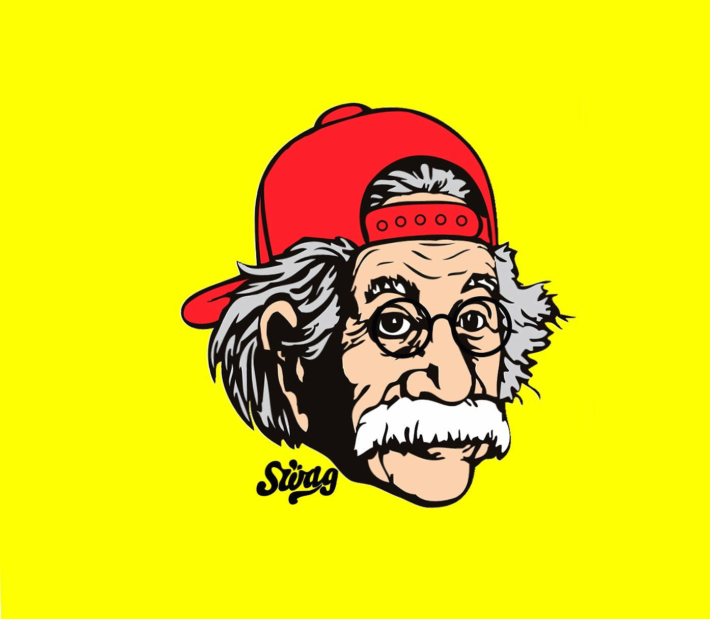 Cartoon 桌布 壁紙 — 卡通插圖，阿爾伯特·愛因斯坦戴著紅色棒球帽，背景為亮黃色。