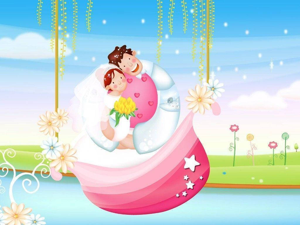 可愛的愛情 桌布 壁紙 — 卡通新娘和新郎在粉紅色鞦韆上微笑，背景是藍天、鮮花和懸掛的藤蔓。