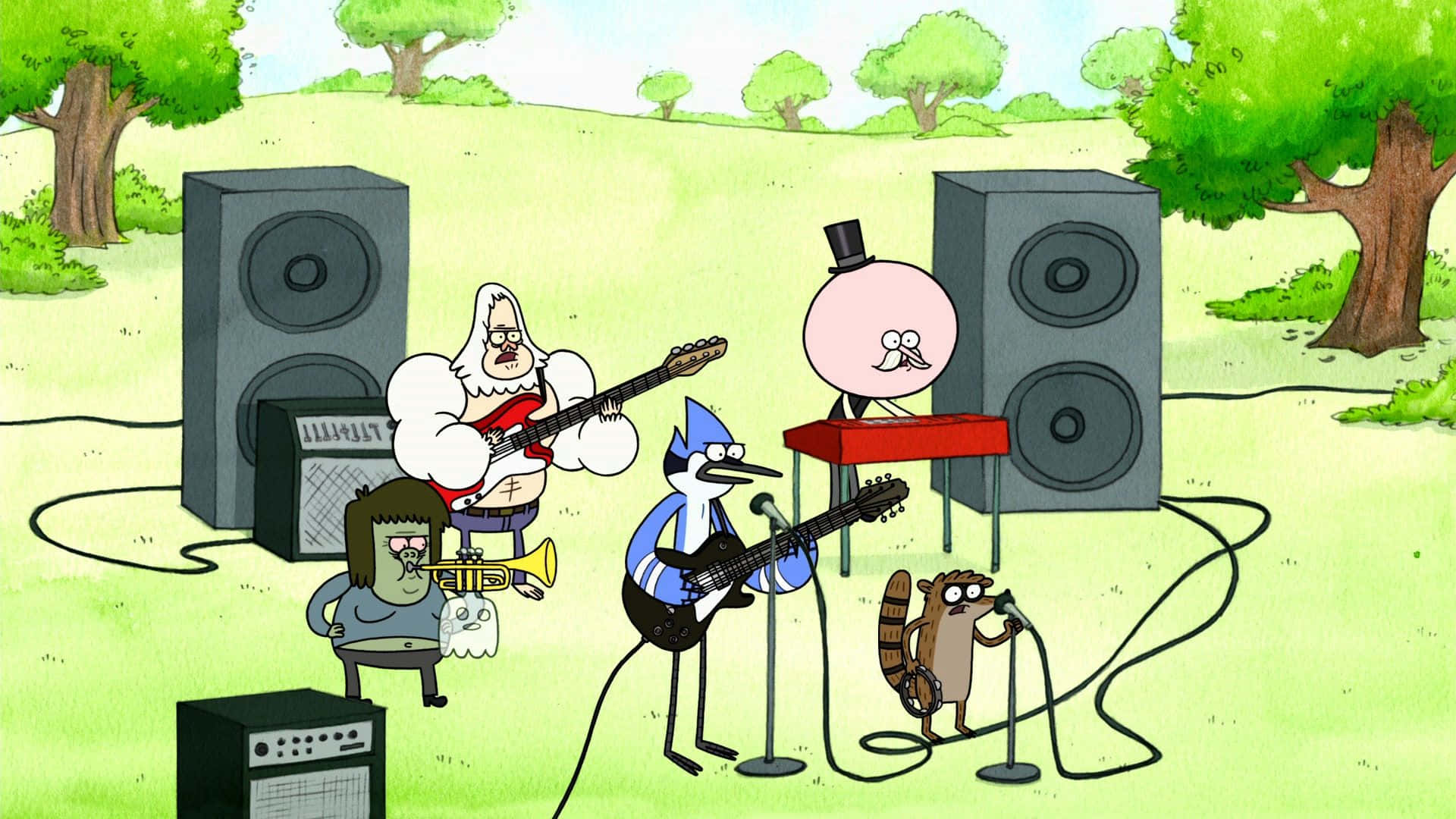 Regular Show 桌布 壁紙 — 卡通樂隊在陽光明媚的日子裡，在綠樹下用吉他、小號和鼓進行戶外演奏。