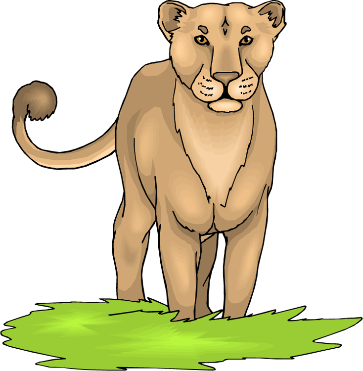 Cartoon Animal 桌布 壁紙 — 卡通母獅警覺地站在一片鮮綠色草地上，背景為黑色。
