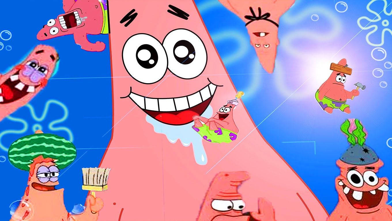 Patrick 桌布 壁紙 — 卡通派大星在充滿活力的海底場景中展現多種誇張表情和姿勢。