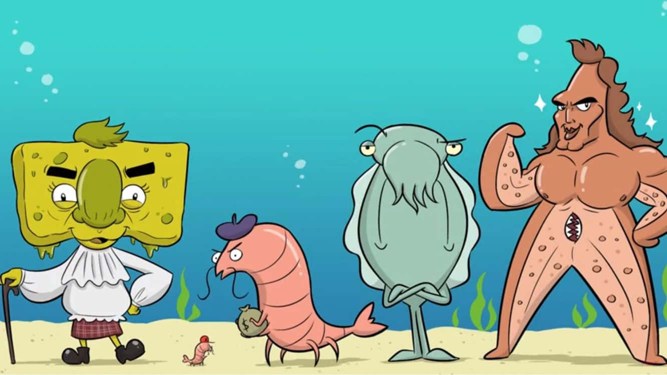 Creativity Memes 桌布 壁紙 — 卡通海洋生物，包括海綿、蝦、魷魚和海星，一起站在一個有氣泡和海藻的水下場景中。