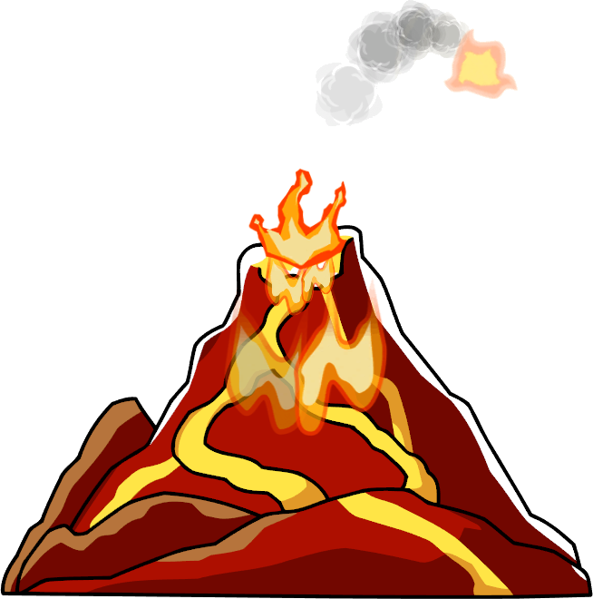 剪貼畫 桌布 壁紙 — 卡通火山爆發，亮橙色熔岩沿著紅色山坡流下，灰色煙霧從山頂冒出。