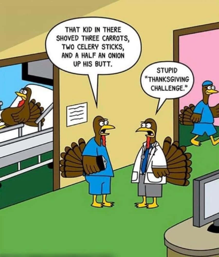 Thanksgiving Funny 桌布 壁紙 — 卡通火雞醫生在醫院病房中對病人涉及蔬菜的奇怪感恩節挑戰作出反應。