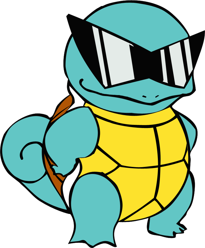 Squirtle 桌布 壁紙 — 卡通烏龜戴著超大黑色太陽眼鏡，帶有白色條紋和黃色龜殼。