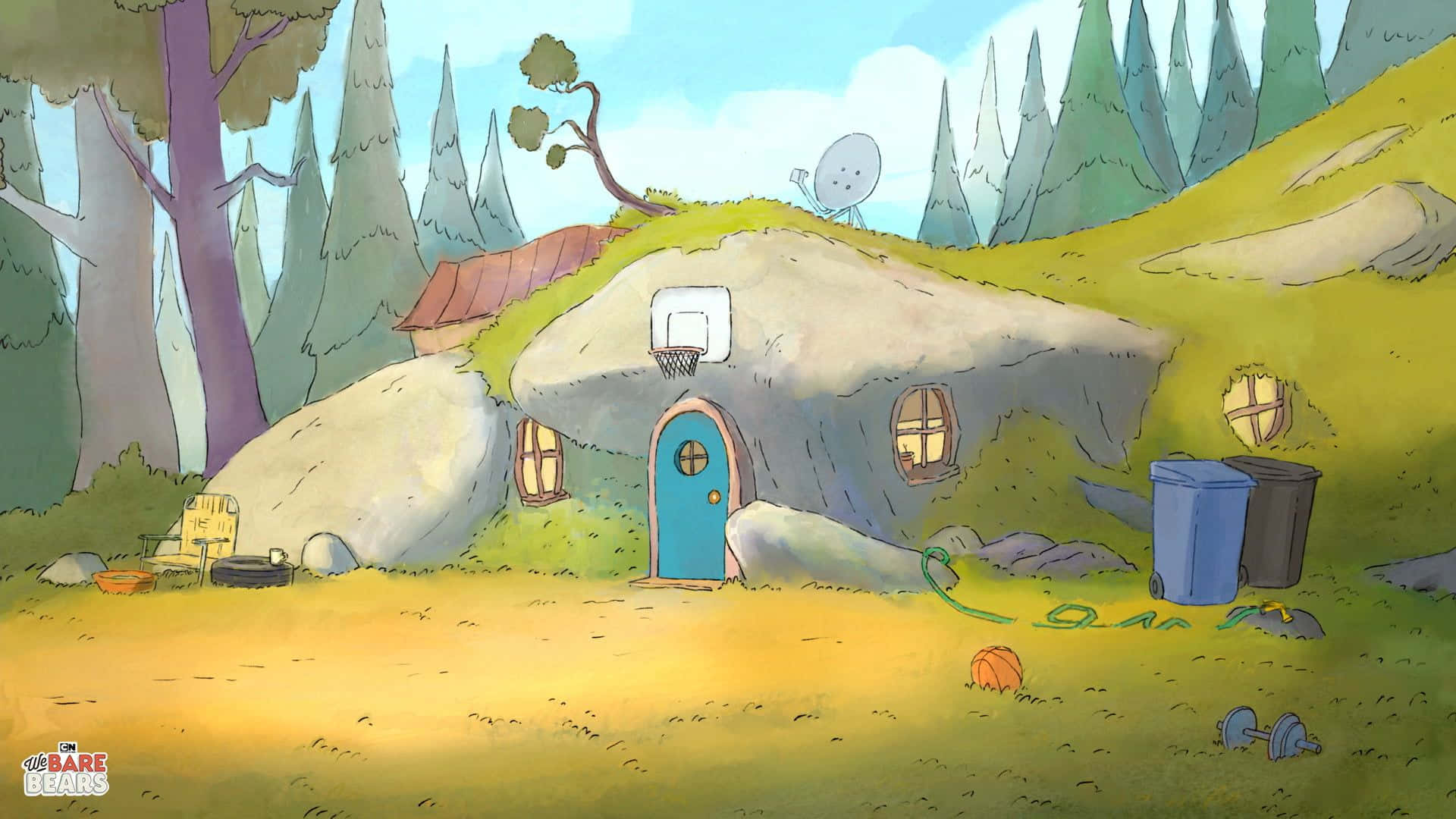 熊熊遇見你 桌布 壁紙 — 卡通熊的房子建在長滿草的山坡上，有藍色的門和籃球框，在明亮的天空下。