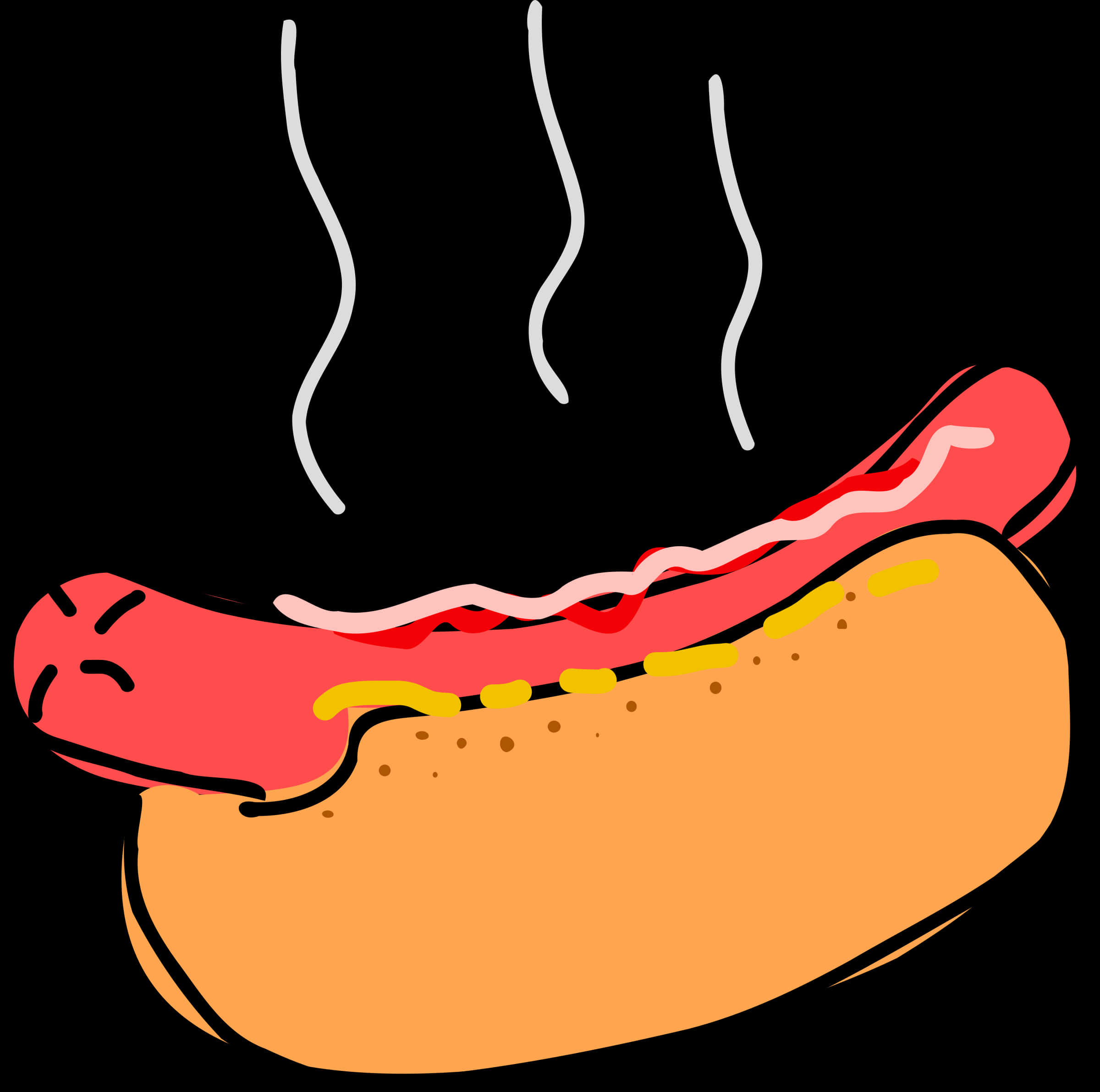 Hot Dog 桌布 壁紙 — 卡通熱狗在麵包中，配以番茄醬和芥末，在黑色背景上冒煙。