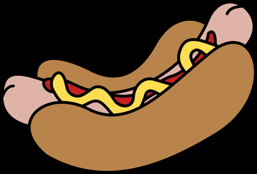 Hot Dog 桌布 壁紙 — 卡通熱狗放在麵包中，帶有芥末和番茄醬的波浪線條，背景為黑色。