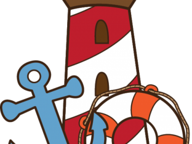 Lighthouse 桌布 壁紙 — 卡通燈塔帶有紅白條紋，旁邊有藍色錨和橙色救生圈，背景為黑色。