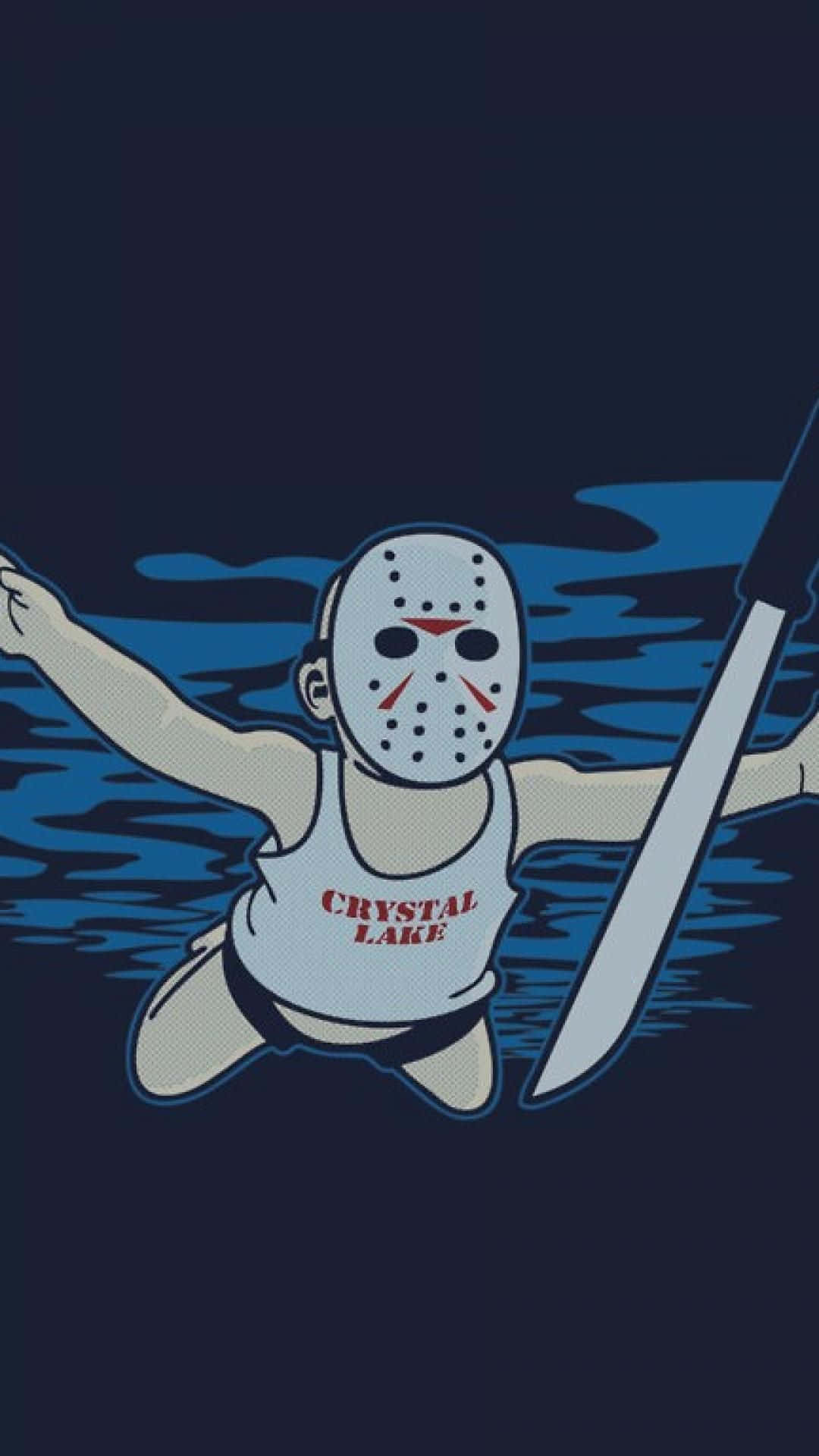 卡通版 Jason Voorhees 在水中手持砍刀，身穿 Crystal Lake 背心。 — 十三號星期五 GIF 壁紙