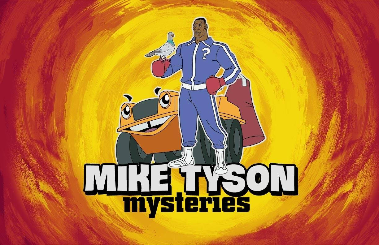 吉普 桌布 壁紙 — 卡通版Mike Tyson身穿藍色運動服，戴著手套的手上站著一隻鴿子，旁邊有一台微笑的橙色割草機，背景是熾熱旋轉的圖案。