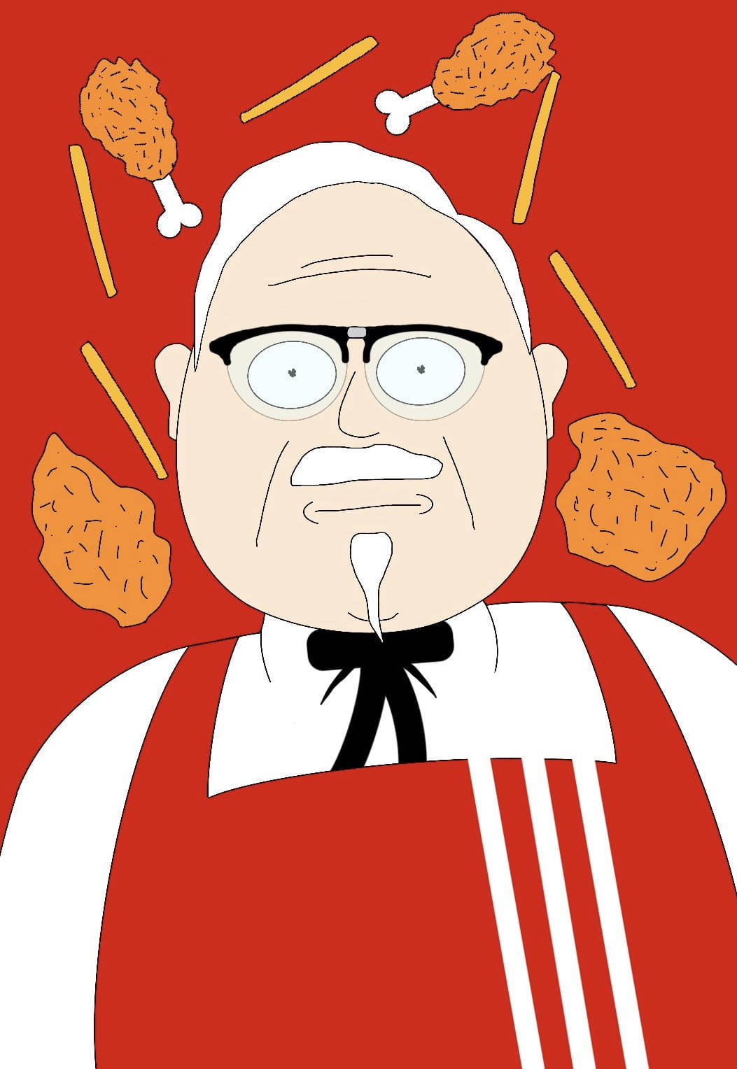 Kfc 桌布 壁紙 — 卡通版桑德斯上校，周圍漂浮著炸雞塊和雞腿，背景為純紅色。