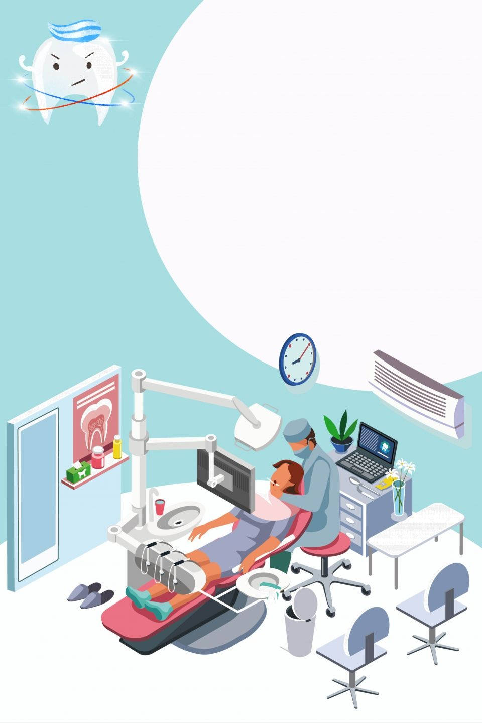 Dentistry 桌布 壁紙 — 卡通牙醫在明亮現代牙科診所治療病人，上方漂浮著微笑的牙齒角色。
