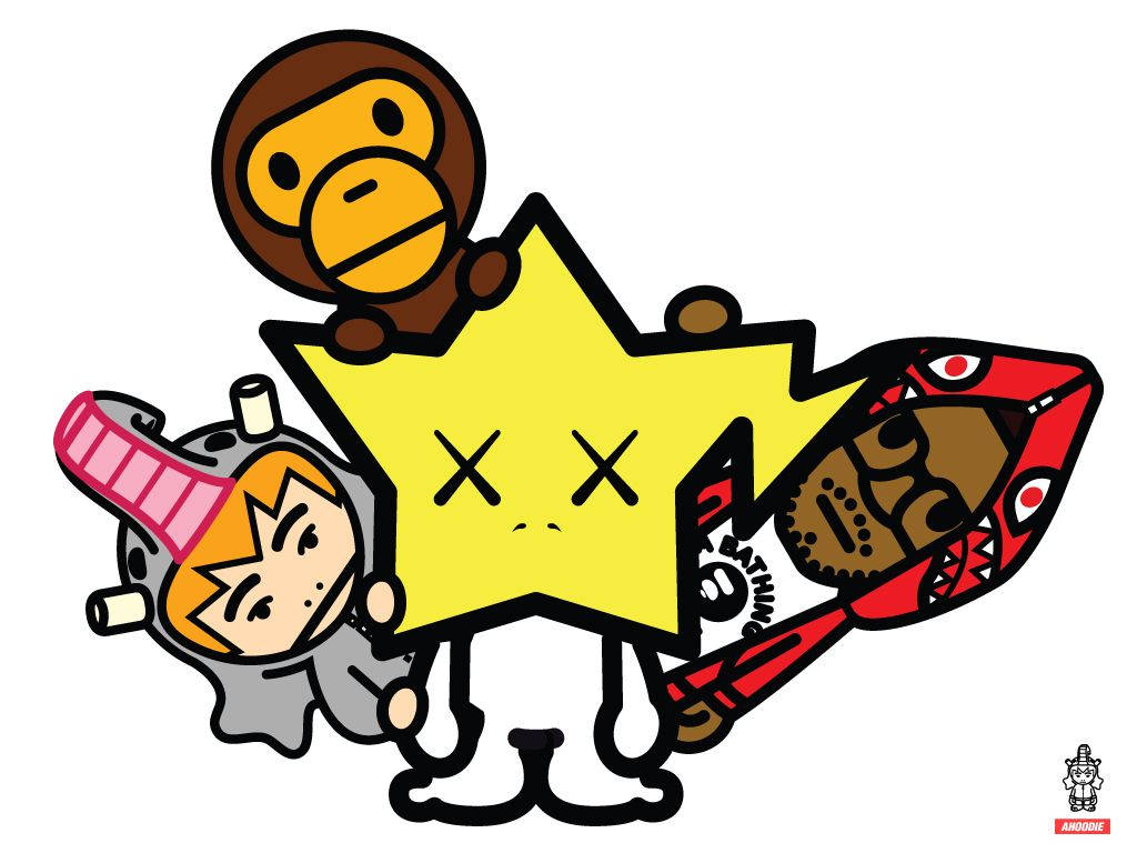 Bape 動態 桌布 壁紙 — 卡通猴子和戴頭盔的角色拿著一個有X眼睛的大黃星，而一個紅色蒙面人物在後面潛伏。