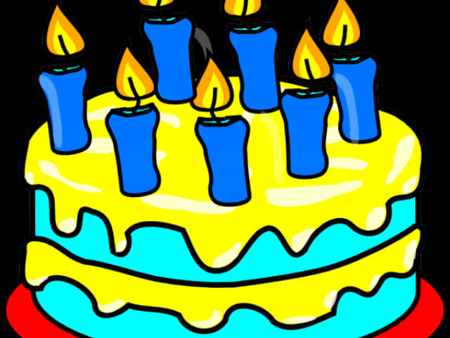 生日蛋糕 桌布 壁紙 — 卡通生日蛋糕，帶有滴落的黃色和藍色糖霜，頂部有燃燒的藍色蠟燭，背景為黑色。