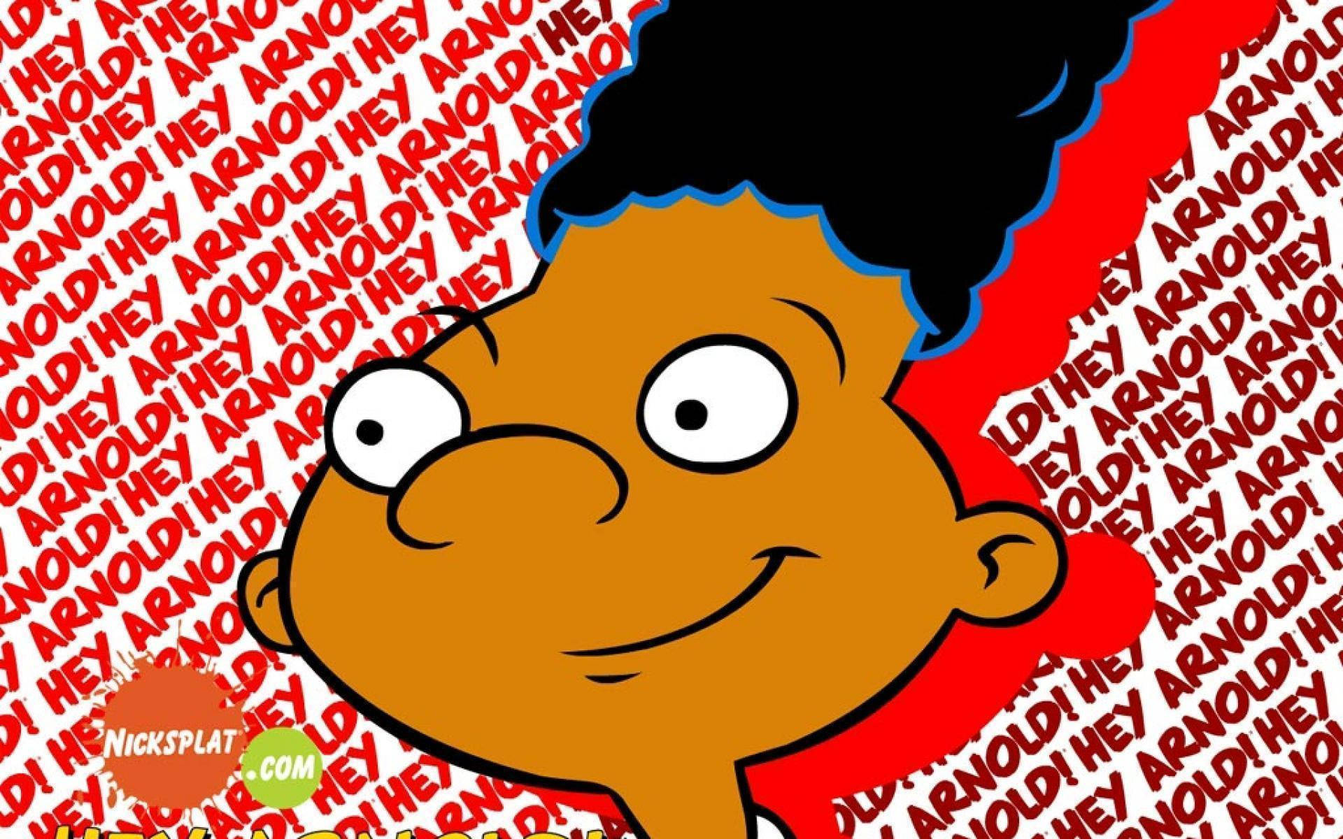 hey 桌布 壁紙 — 卡通男孩留著非洲爆炸頭和大眼睛，在重複粗體文字「HEY ARNOLD!」的紅色背景前微笑。