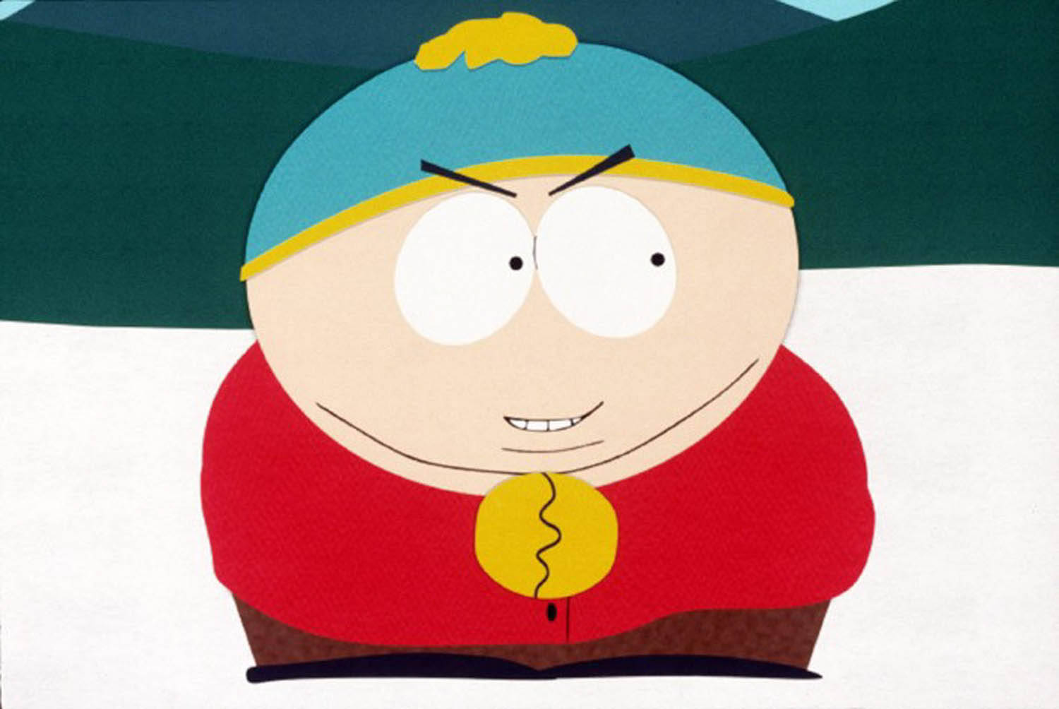 Cartman 桌布 壁紙 — 卡通男孩穿著紅色外套和藍色帽子，站在雪景中，眉毛憤怒，眼睛睜大。