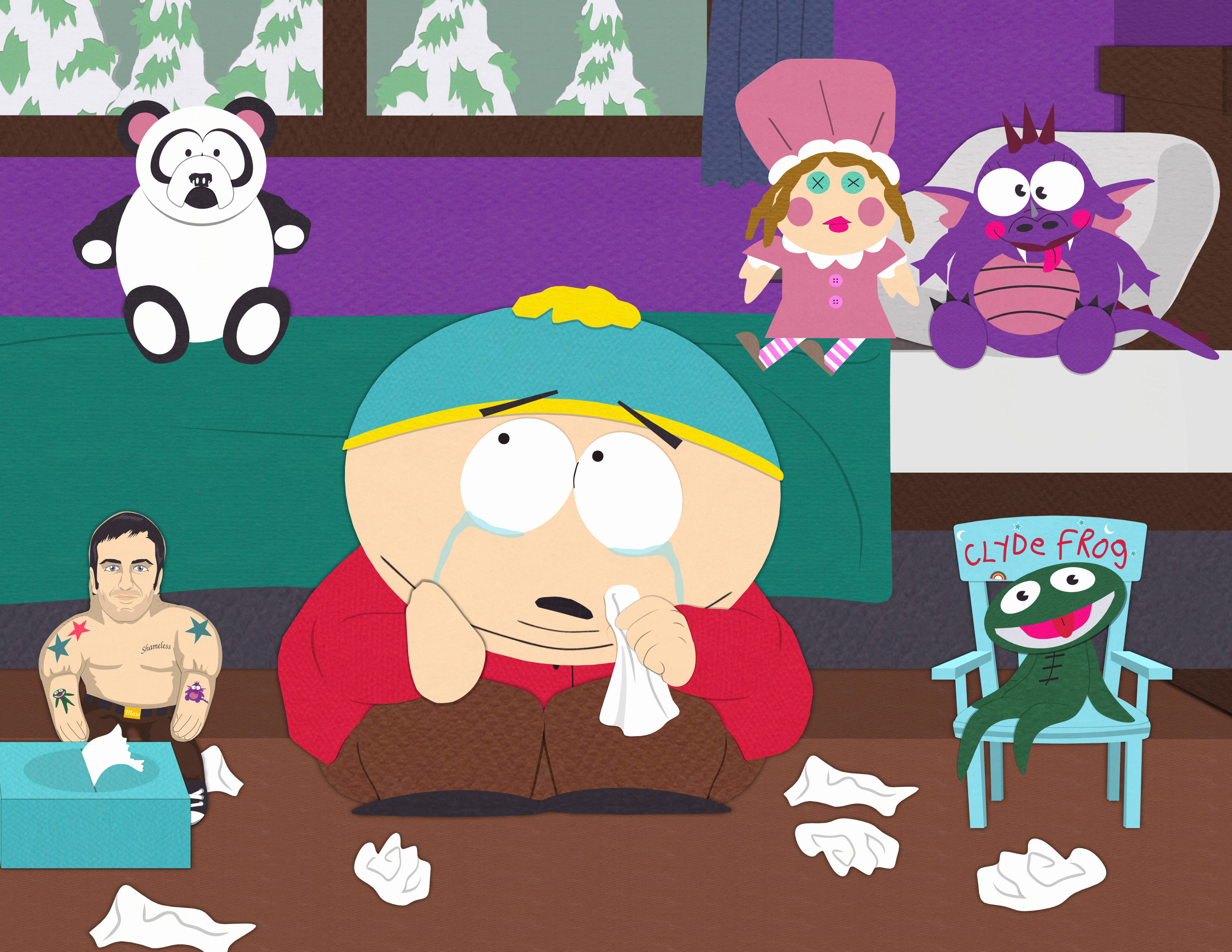 Cartman 桌布 壁紙 — 卡通男孩穿著紅色毛衣在沙發上哭泣，周圍是絨毛玩具和用過的面紙，窗外雪景。