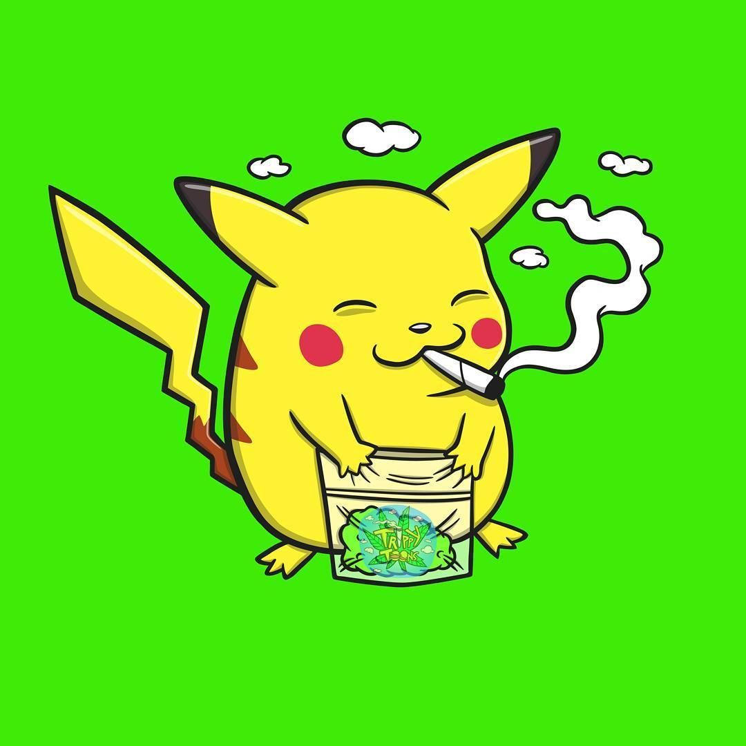 皮卡丘 桌布 壁紙 — 卡通皮卡丘在亮綠色背景前開心地抽煙，同時拿著一袋大麻。