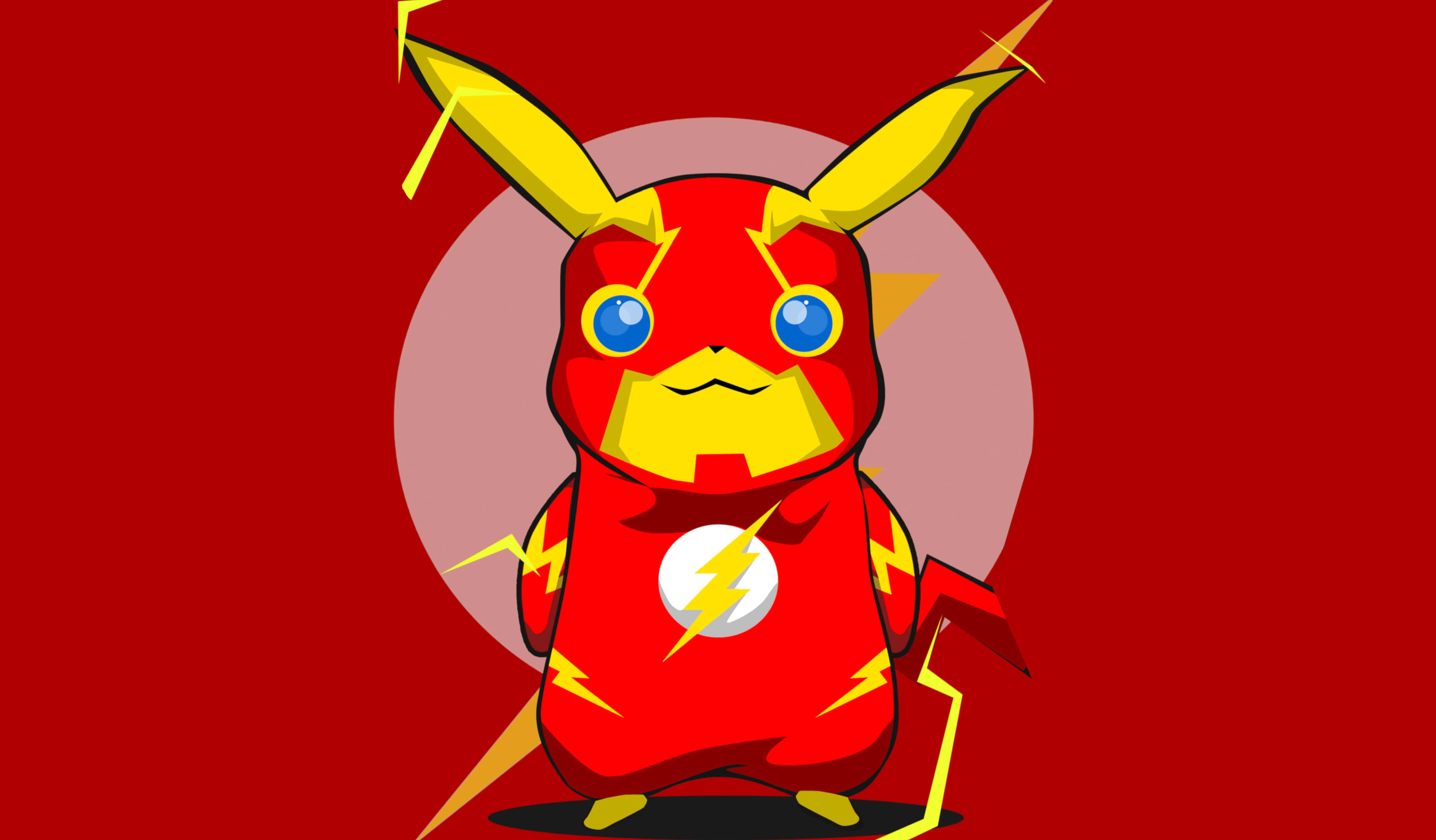 皮卡丘 桌布 壁紙 — 卡通皮卡丘打扮成閃電俠，英勇地站在帶有閃電的鮮紅色背景前。