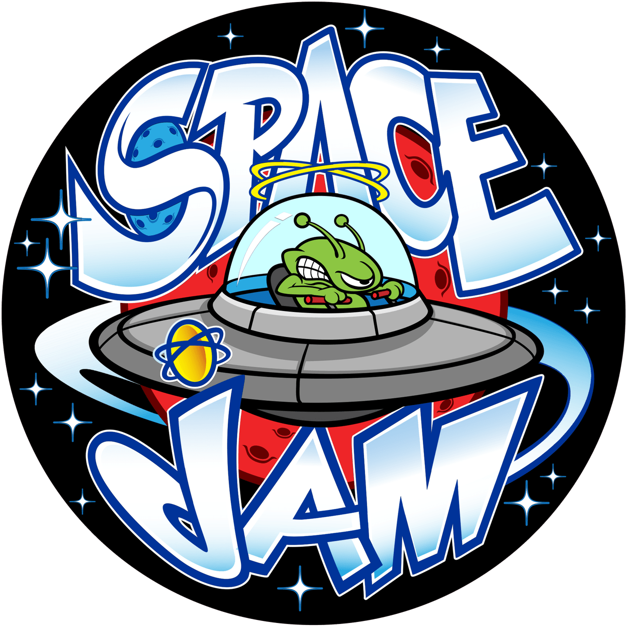 Film 桌布 壁紙 — 卡通綠色外星人在飛碟中，帶有「SPACE JAM」文字和星星，背景為黑色。