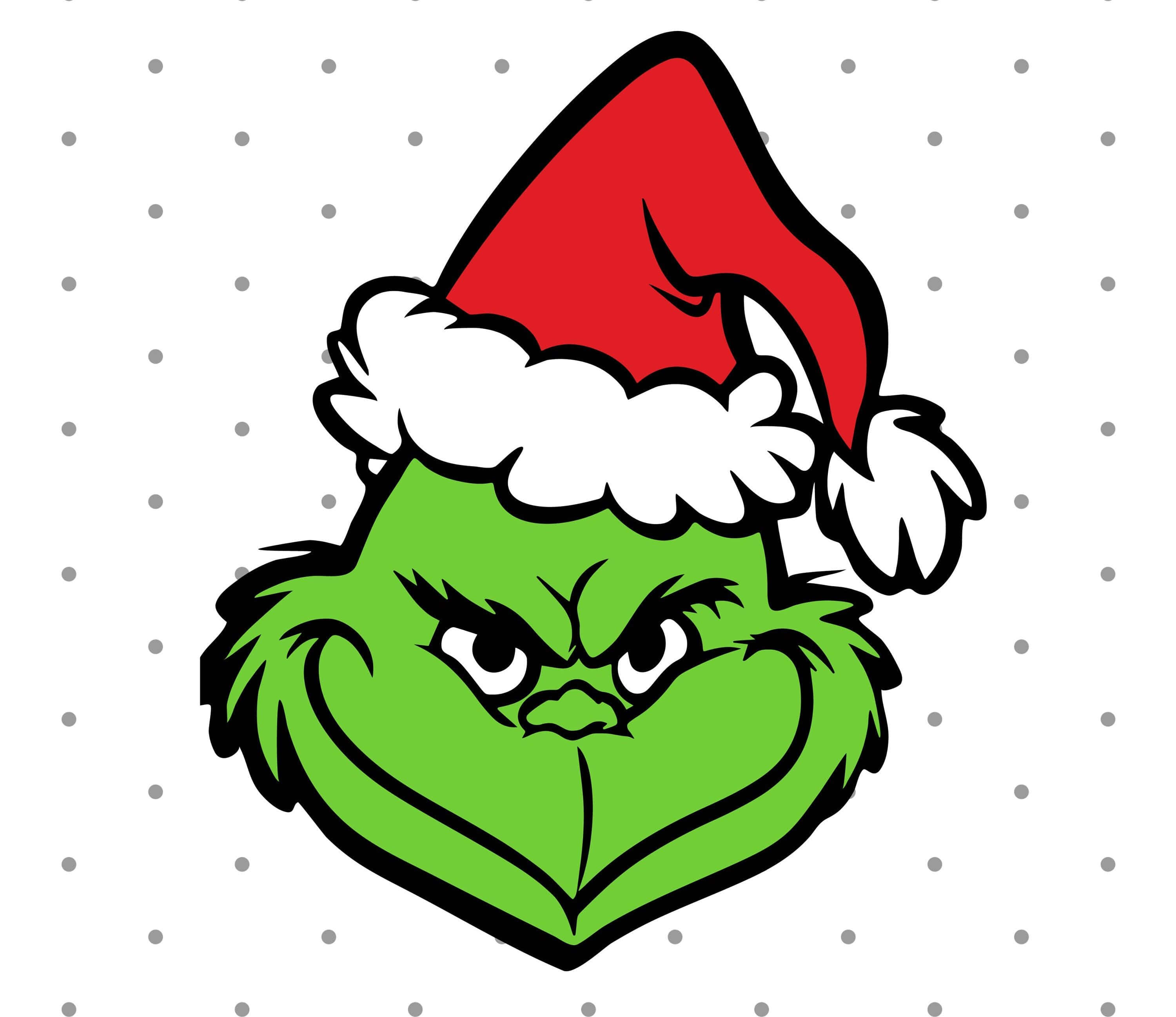 Grinch Smile 桌布 壁紙 — 卡通綠色聖誕怪傑戴著紅色白邊聖誕帽，背景為白色灰色圓點。