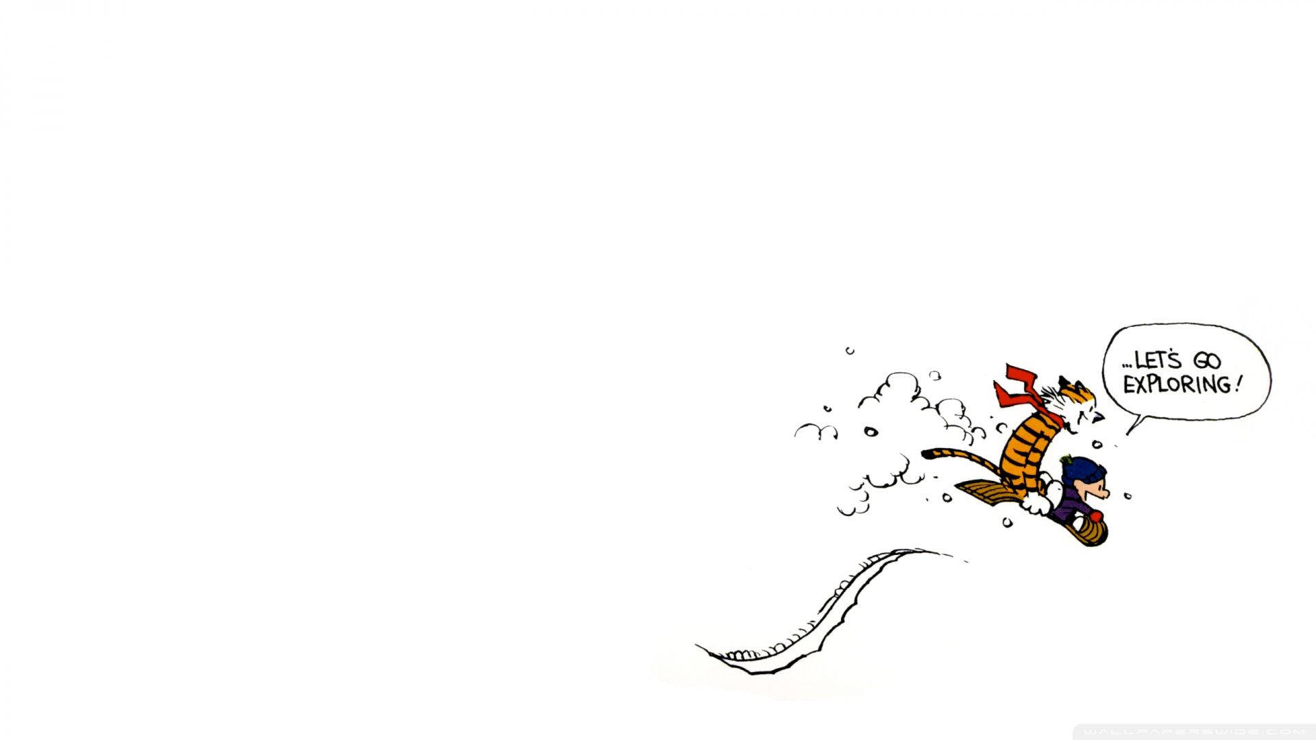 Hobbes 桌布 壁紙 — 卡通老虎和男孩乘著衝浪板穿過雲層，對話框寫著「我們去探索吧」。