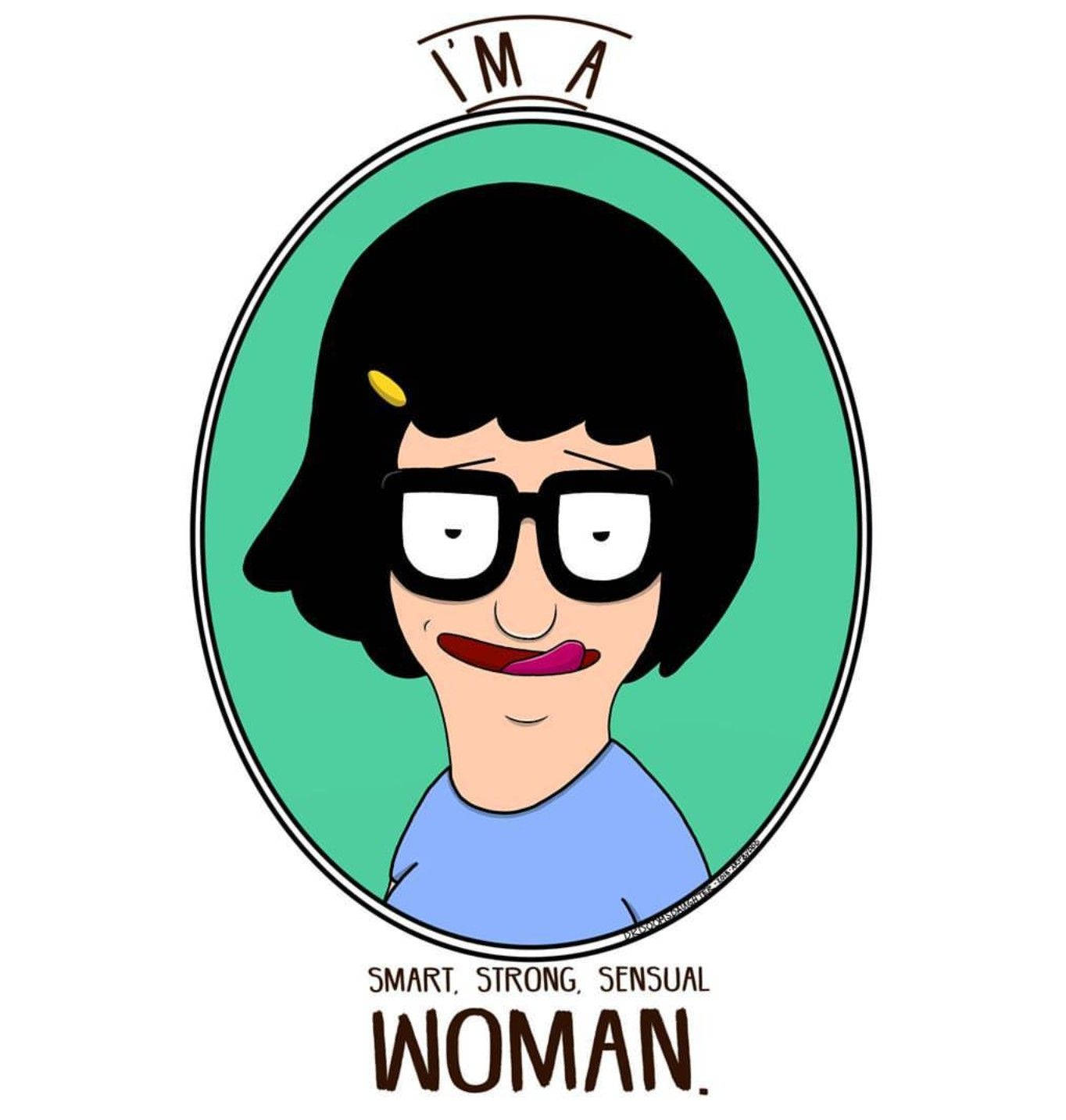 tina 桌布 壁紙 — 卡通肖像，一位擁有黑色鮑伯頭和眼鏡的女性，在青綠色橢圓形框架中帶有文字。
