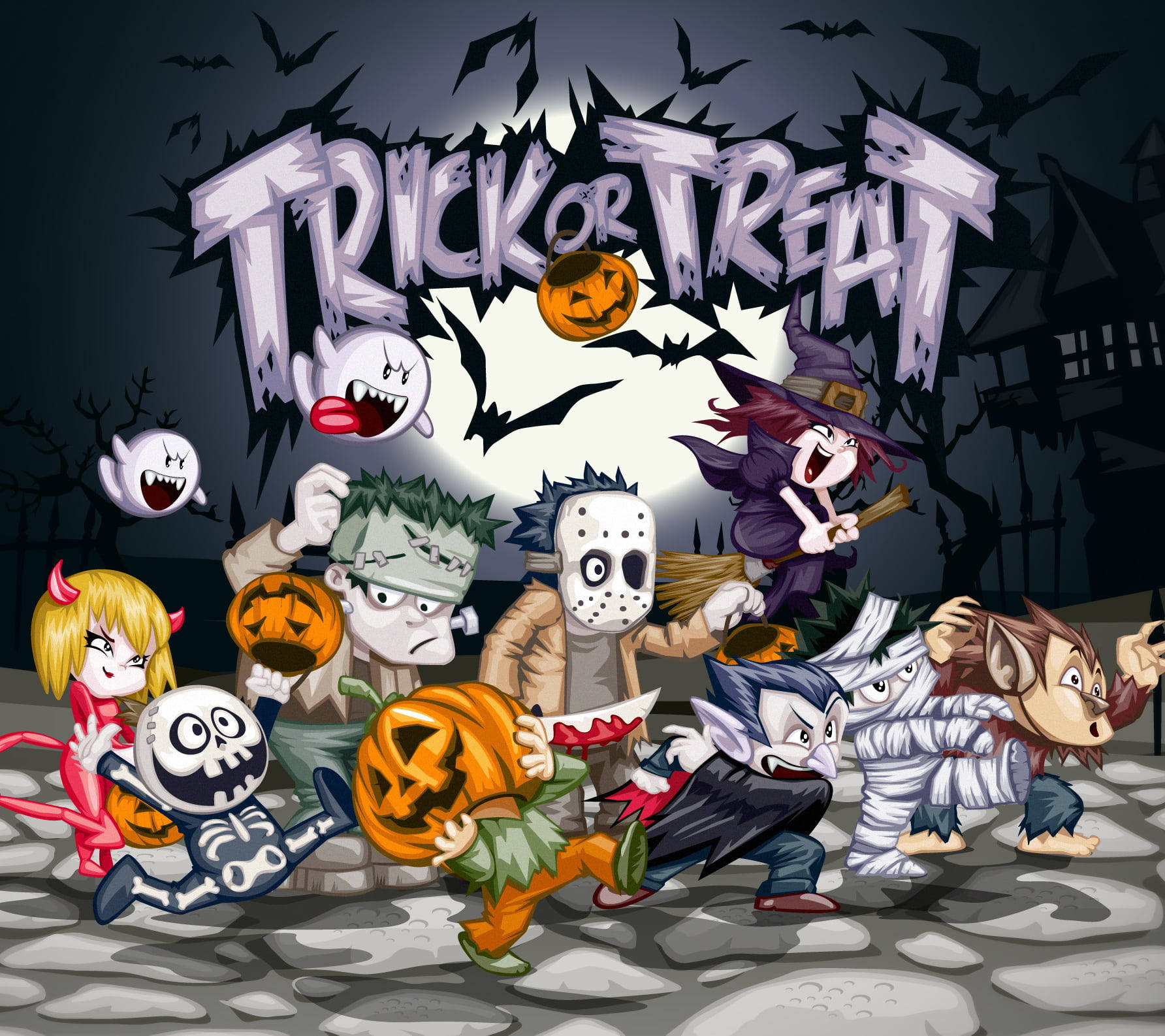 Trick Or Treat 桌布 壁紙 — 卡通萬聖節角色如女巫、吸血鬼和鬼魂，在蝙蝠飛舞的月光下帶著南瓜奔跑。