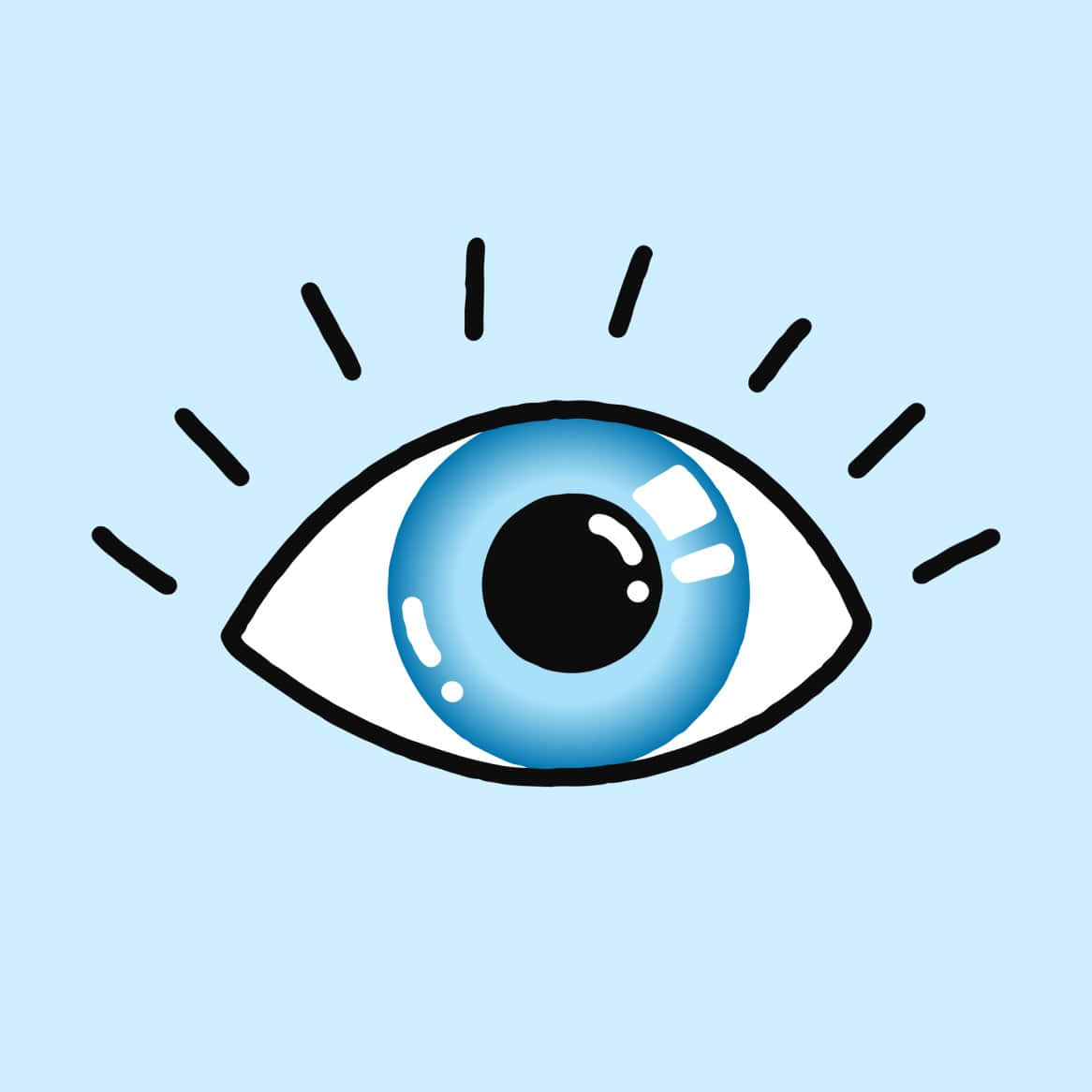 Eye 桌布 壁紙 — 卡通藍色眼睛，帶有黑色睫毛和亮點，背景為淺藍色。