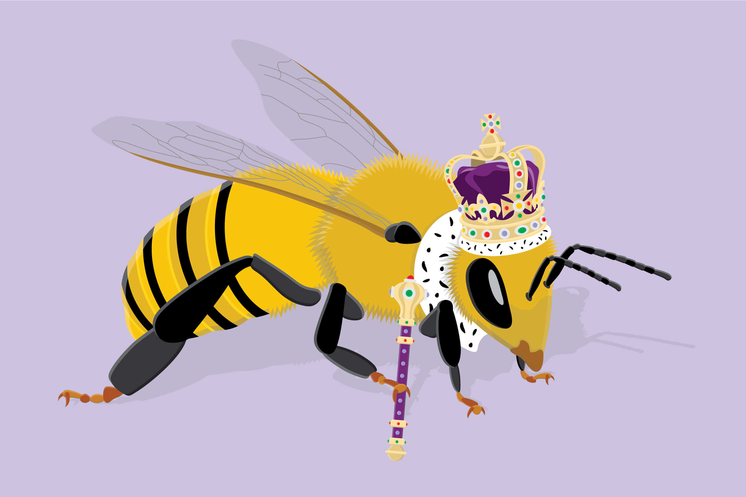 Queen Bee 桌布 壁紙 — 卡通蜂后戴著鑲有寶石的王冠，手持權杖，背景是柔和的薰衣草色。