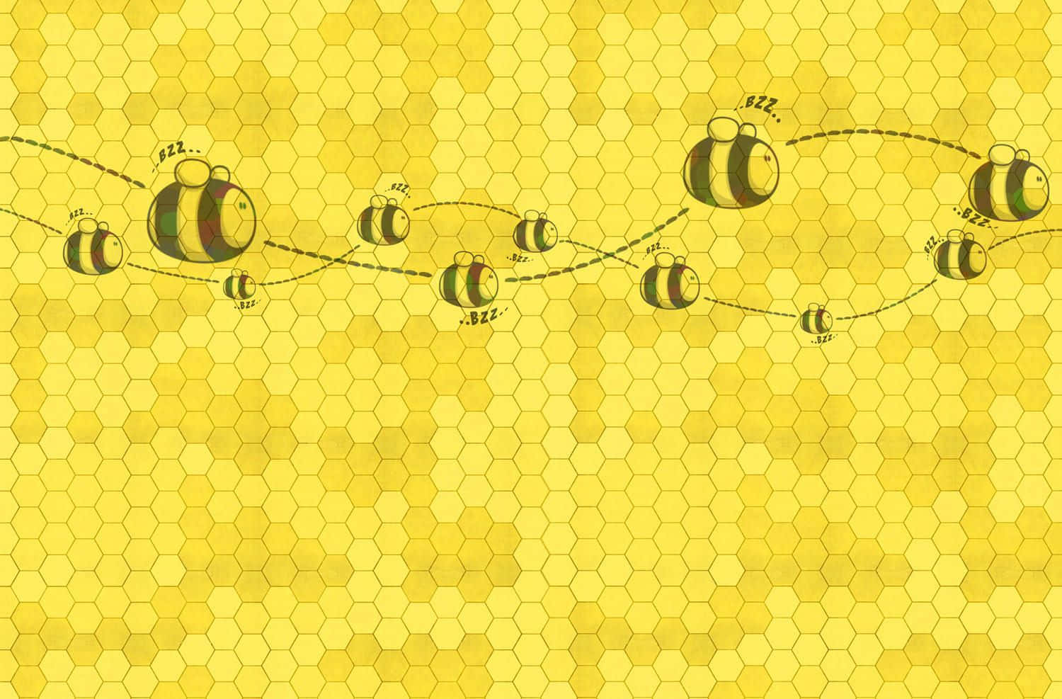 honey 桌布 壁紙 — 卡通蜜蜂沿著虛線路徑在充滿活力的黃色蜂巢背景上嗡嗡作響。