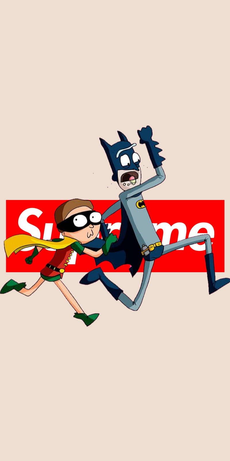 superhero supreme 桌布 壁紙 — 卡通蝙蝠俠和羅賓精力充沛地跑過一個紅色Supreme標誌，背景是米色。