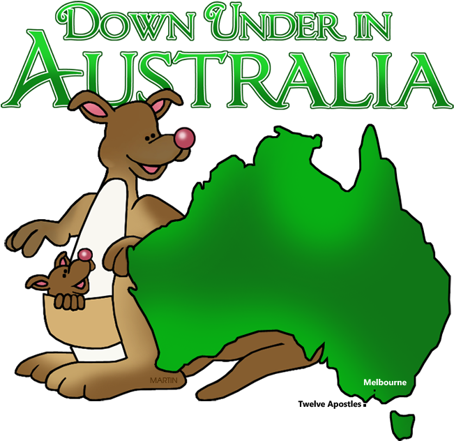澳洲 桌布 壁紙 — 卡通袋鼠和喬伊擁抱綠色澳洲地圖，上方有「Down Under in Australia」文字。